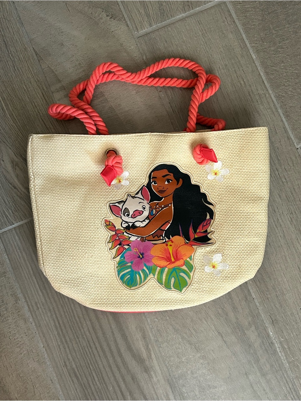 Disney Moana and Pua Tropical Graphic Straw Tote with Coral Rope Handles